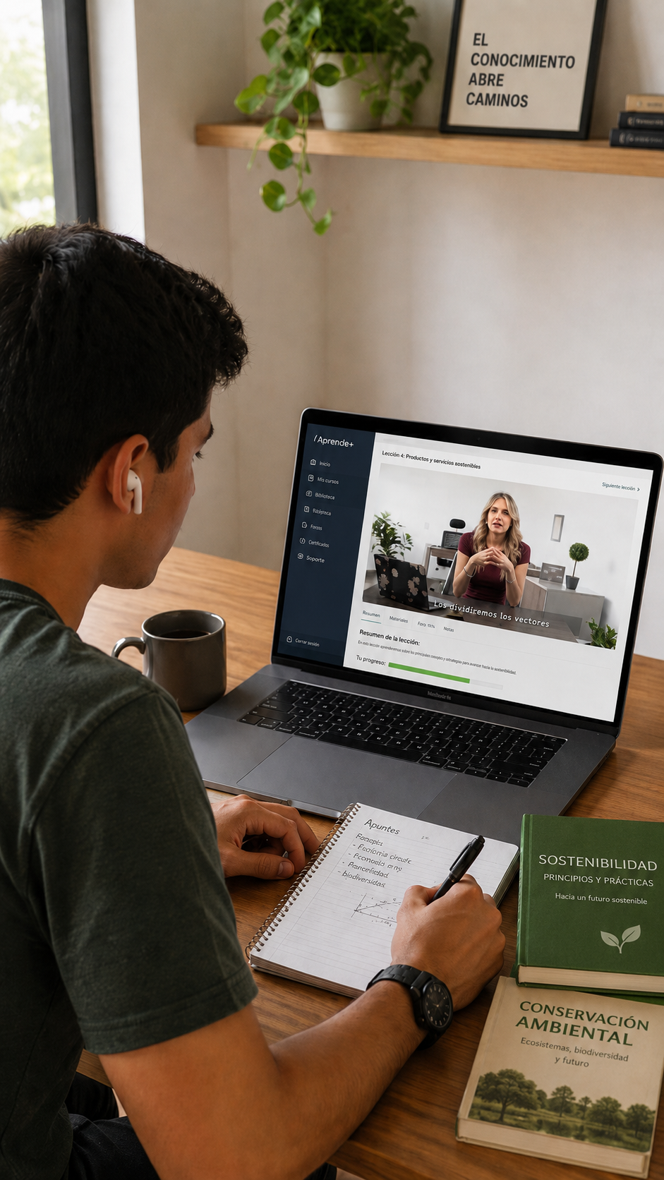 Estudiante tomando apuntes mientras sigue una lección virtual sobre sostenibilidad
